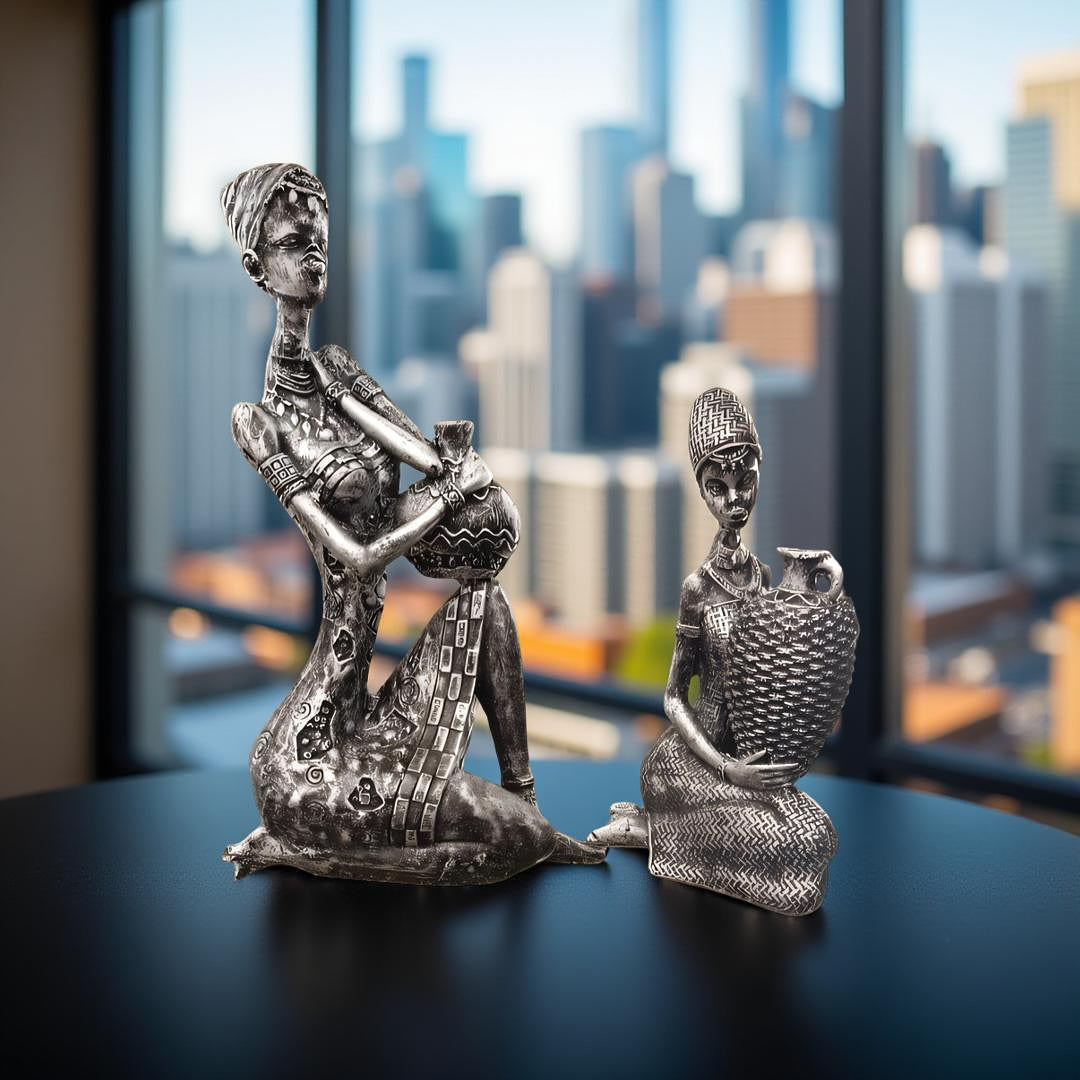 Handcrafted Tribal Women Sculpture Set – Silver Finish
