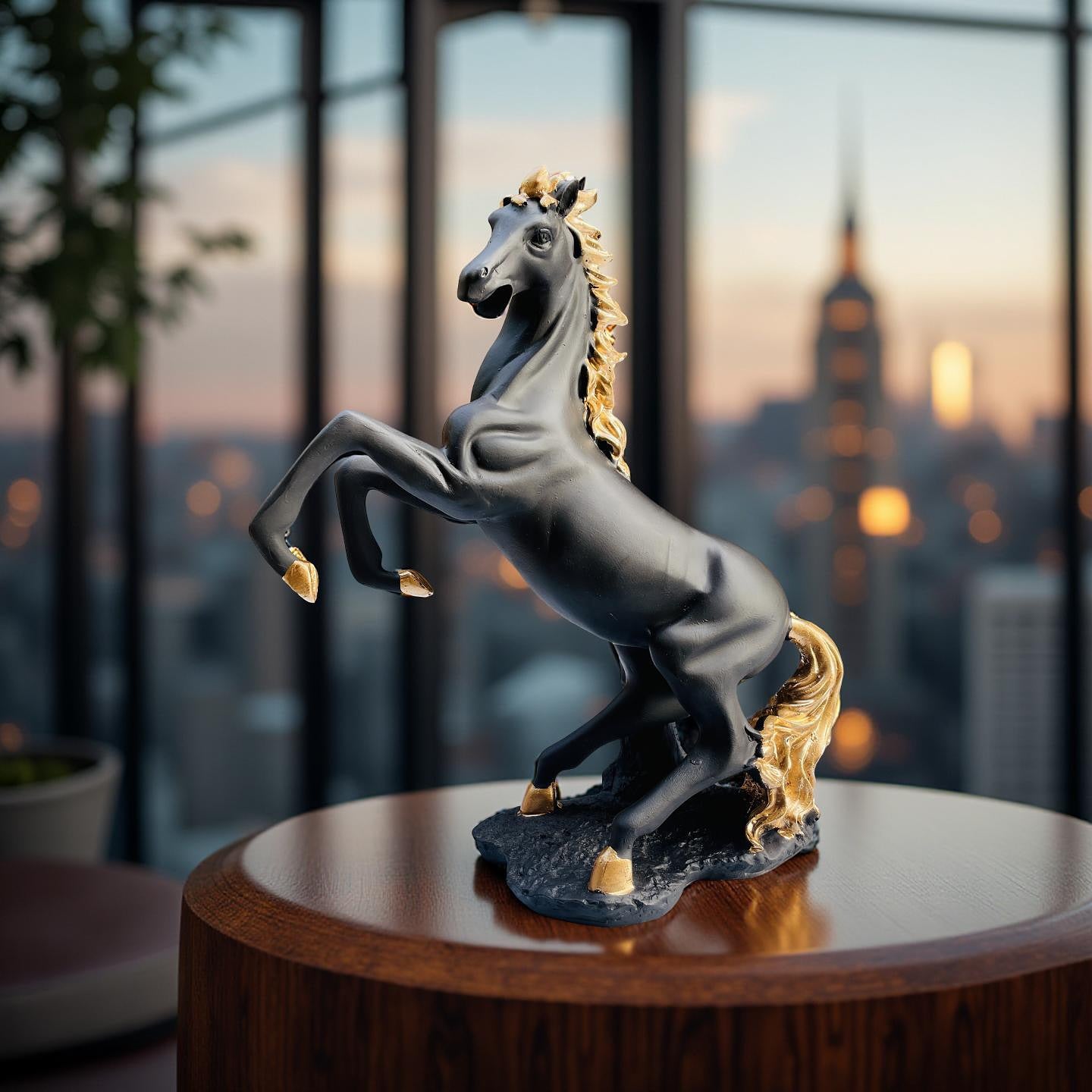 Black & Gold Rearing Horse Sculpture