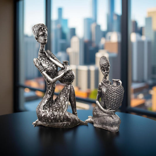 Handcrafted Tribal Women Sculpture Set – Silver Finish