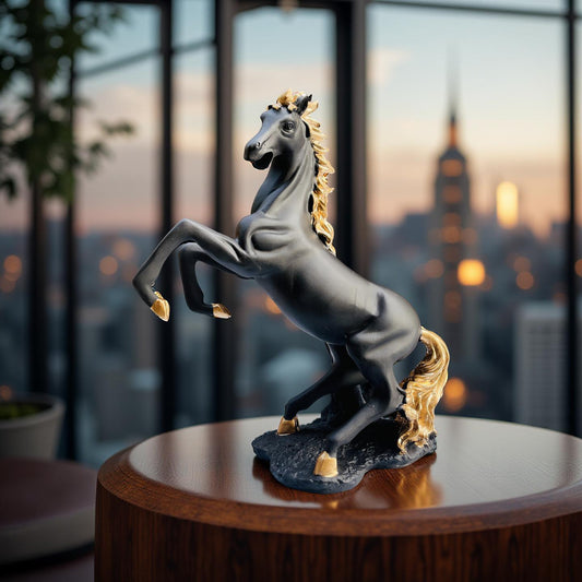 Black & Gold Rearing Horse Sculpture